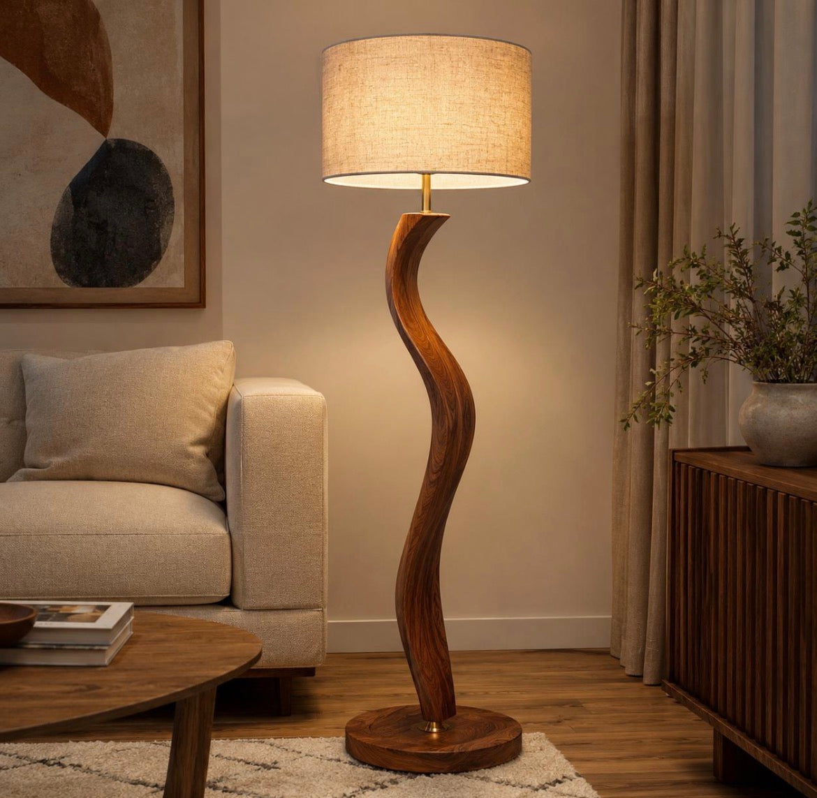 Moderne Sculpturale Houten Vloerlamp