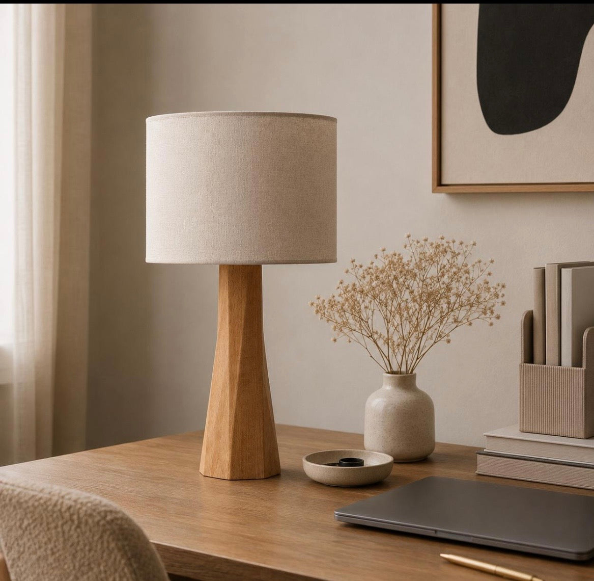 Houten bureaulamp, tafellamp, bedlamp, slaapkamerlamp, tafellamp, modern design, handgemaakte houten voet, rustieke stijl, unieke uitstraling